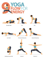 9 Yoga poses for workout in yoga flow for energy concept. Woman exercising for body stretching. Yoga posture or asana for fitness infographic. Flat cartoon vector.