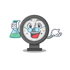 Super Genius Professor of pressure gauge Caricature character working on a lab