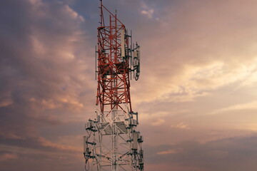 Telecommunication tower 4G and 5G. Macro Base Station or Base Transceiver Station. Wireless...