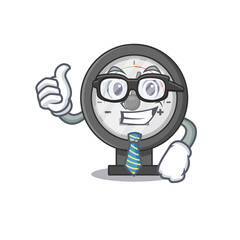 cartoon mascot style of pressure gauge Businessman with glasses and tie