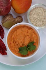 Til ki chutney, sesame or sesamum or benne chutney, served with momos, Idli and dosa, Indian food