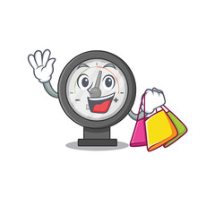 Pressure gauge wealthy cartoon character concept with shopping bags