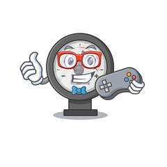 Cartoon Mascot design of pressure gauge gamer using controller