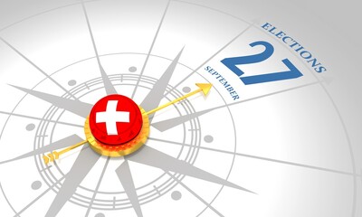 Voting concept. Switzerland elections. 3D rendering. Abstract compass points to the elections date