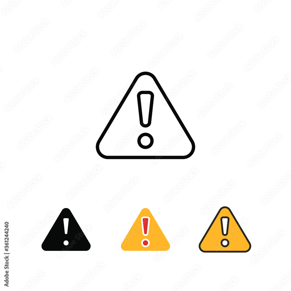 Poster warning attention sign with exclamation symbol in triangle badge for beware. web button, hazard caut