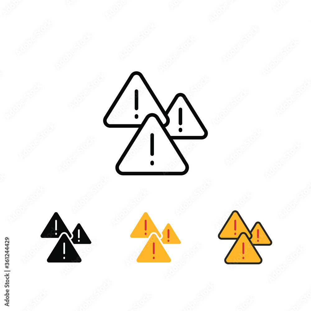Poster warning attention sign with exclamation symbol in triangle badge for beware. web button, hazard caut