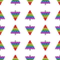 Seamless pattern Christmas decorations glass balls LGBTQ community rainbow flag color in shape of fir tree white background isolated, LGBT pride repeating ornament, gay, lesbian New Year festive print