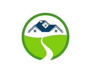 Circle shape with house and road inside