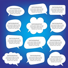 White blank speech bubbles, thinking balloon set on blue background.