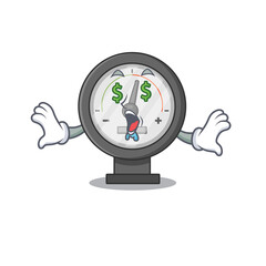 happy rich cartoon concept of pressure gauge with money eyes