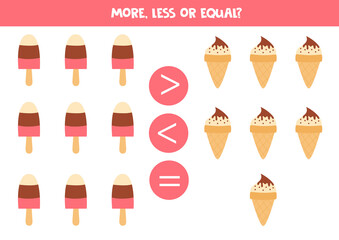 Compare the amount of ice creams. More, less or equal.