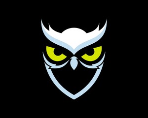 Owl head and yellow eyes with shield shape