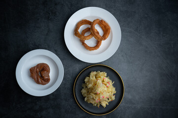 Traditional snacks in old Beijing, China. Traditional Beijing snacks: jiaoquan, sugar ears, ginger sauce fork，paicha