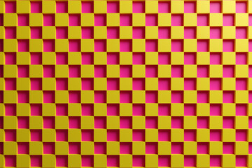 3D illustration red and yellow checkered geometric pattern of pyramids. Unusual chessboard. Decorative print, pattern. Square Volumetric Print