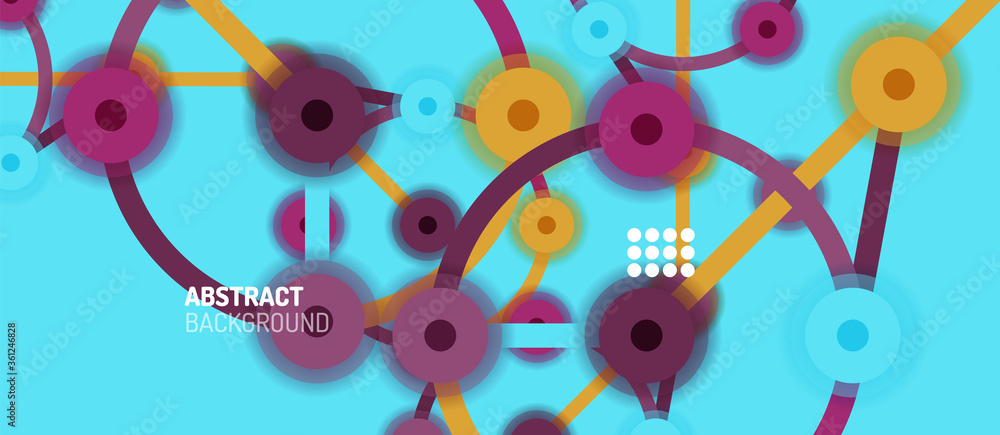 Poster flat style geometric abstract background, round dots or circle connections on color background. tech