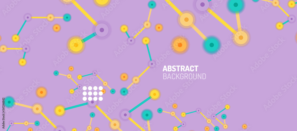 Poster flat style geometric abstract background, round dots or circle connections on color background. tech