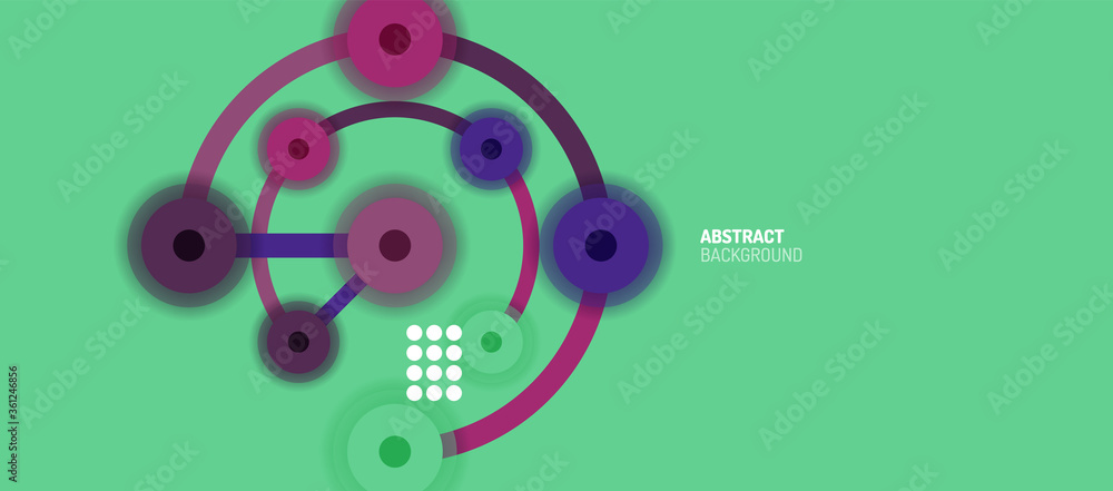 Poster flat style geometric abstract background, round dots or circle connections on color background. tech