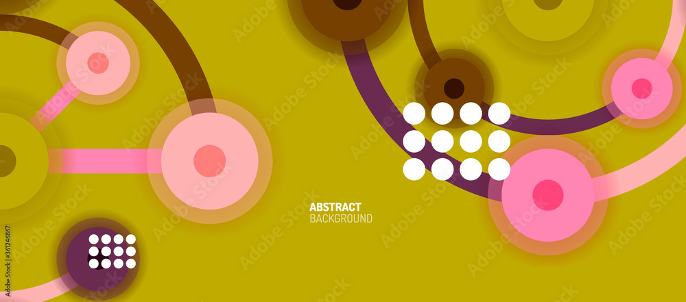 Poster flat style geometric abstract background, round dots or circle connections on color background. tech