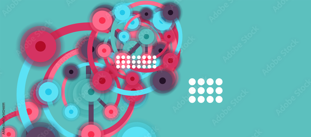 Poster flat style geometric abstract background, round dots or circle connections on color background. tech