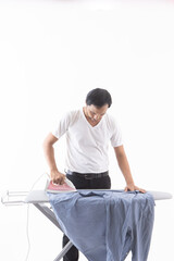 Asian men work ironing .on white background