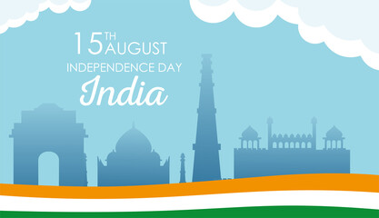 landmarks places with flag of india independence day vector design