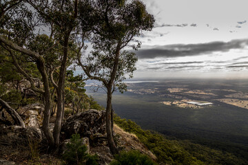 View from the Boroka lookout in the Grampians National Park in Victoria, Australia at a cloudy day in summer.