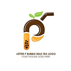 Bubble Tea Cup Drink or Milk Cocktail Logo with Initial P. Glass of Drink with Tubule and Straw. Pearl Milk Tea Label. Popular Asian Drink. Can be used for Caf&eacute; and Restaurant Logo. Boba. Taiwan Drink