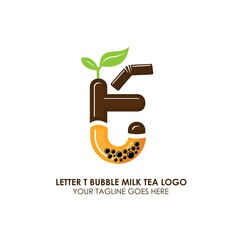 Bubble Tea Cup Drink or Milk Cocktail Logo with Initial T. Glass of Drink with Tubule and Straw. Pearl Milk Tea Label. Popular Asian Drink. Can be used for Caf&eacute; and Restaurant Logo. Boba. Taiwan Drink