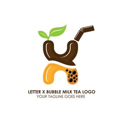 Bubble Tea Cup Drink or Milk Cocktail Logo with Initial X. Glass of Drink with Tubule and Straw. Pearl Milk Tea Label. Popular Asian Drink. Can be used for Café and Restaurant Logo. Boba. Taiwan Drink