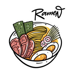 Ramen asian food. Japanes noodle. Colorful vector illustration. Isolated on white background.
