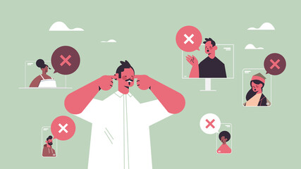 man closing ears suffering from noise keep quiet silent concept chat bubble with cross sign quiet zone horizontal portrait vector illustration