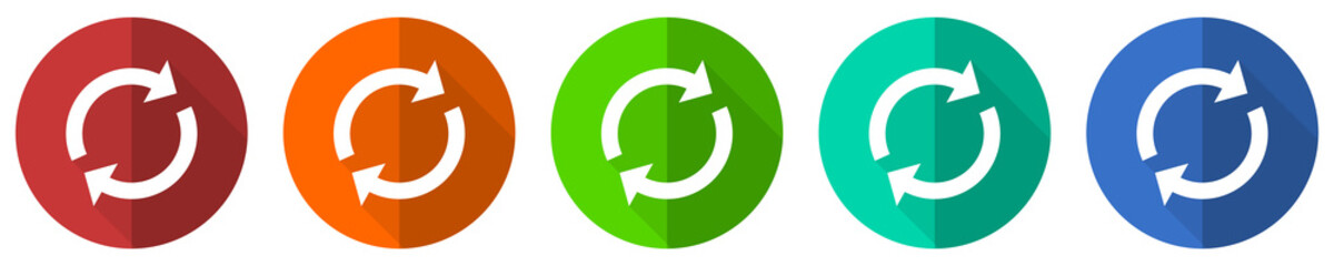 Reload icon set, red, blue, green and orange flat design web buttons isolated on white background, vector illustration