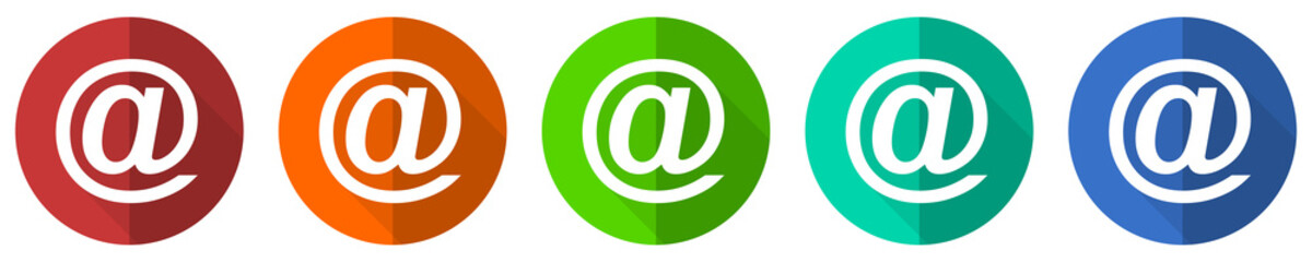 Email icon set, red, blue, green and orange flat design web buttons isolated on white background, vector illustration