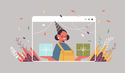 woman in funny festive hat celebrating online birthday party girl in computer window holding gift boxes celebration self isolation quarantine concept portrait horizontal vector illustration