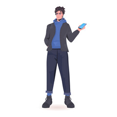 man using smartphone guy model in trendy clothes male cartoon character standing pose full length isolated vector illustration