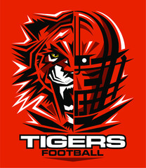 tigers football team design with half mascot and facemask for school, college or league