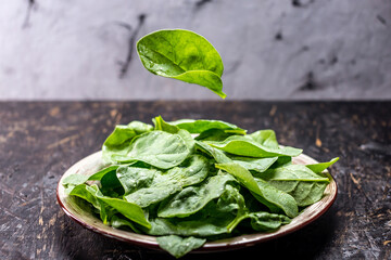 Leaves of fresh spinach in a plate on a dark background. Healthy vegetarian food