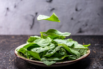 Leaves of fresh spinach in a plate on a dark background. Healthy vegetarian food
