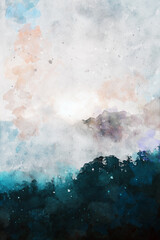 Abstract painting of pine trees in forest, nature landscape image, digital watercolor illustration, art for background