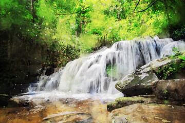 Obraz premium Abstract painting of waterfall, nature landscape image, digital watercolor illustration, art for background