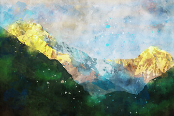 Abstract painting of lake and mountain, nature landscape image, digital watercolor illustration, art for background