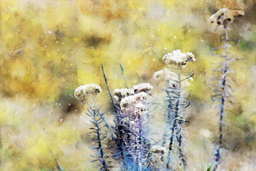 Abstract painting of flowers in spring season, nature landscape image, digital watercolor illustration, art for background