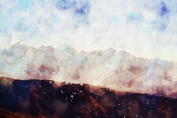 Abstract painting of mountains, nature landscape image, digital watercolor illustration, art for background
