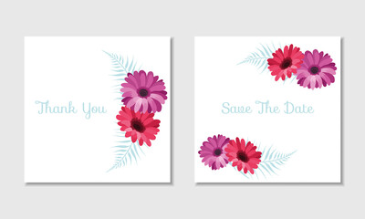 Vector card template with bright gerberas. Two flower frames, mint sign, white background