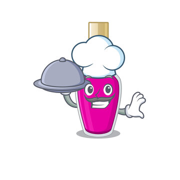 mascot character style of pink nail polish chef serving dinner on tray