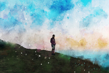 Abstract painting of man on cliff, people in nature image, digital watercolor illustration, art for background