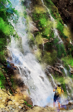 Abstract painting of waterfall, nature landscape image, digital watercolor illustration, art for background