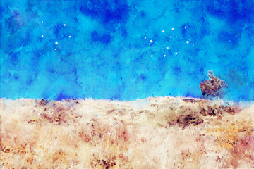 Abstract painting of tree with mountains, nature landscape image, digital watercolor illustration, art for background