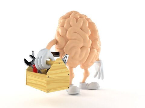 Brain character holding toolbox