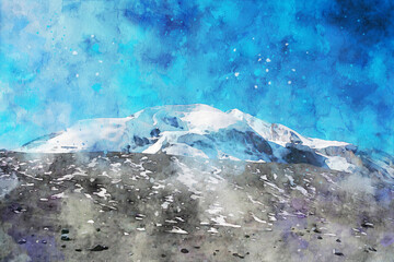 Abstract painting of mountains, nature landscape image, digital watercolor illustration, art for background